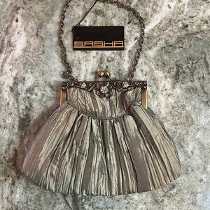 Sasha NewYork  taupe ruched satin clutch/ purse with jeweled floral clasp. NWT